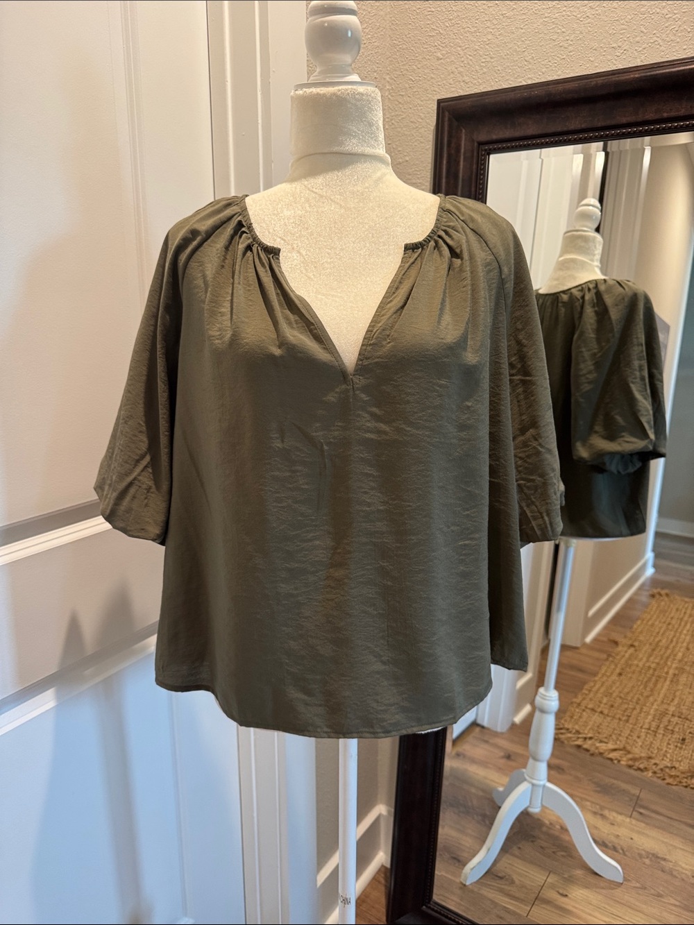LOFT Olive Green V-Neck Peasant Blouse